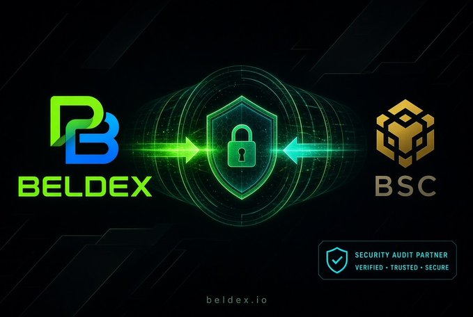 A graphic showing the Beldex (BD) token bridge to BSC (Binance Smart Chain) with a central security shield and 'Security Audit Partner Verified - Trusted - Secure' badge.