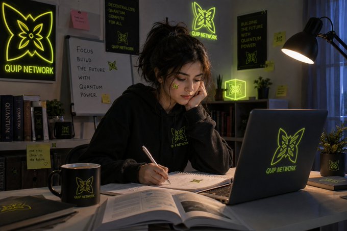 A stylized image of a young woman studying at a desk with a laptop, surrounded by neon green 'QUIP NETWORK' logos and text about decentralized quantum computing and building the future with quantum power.