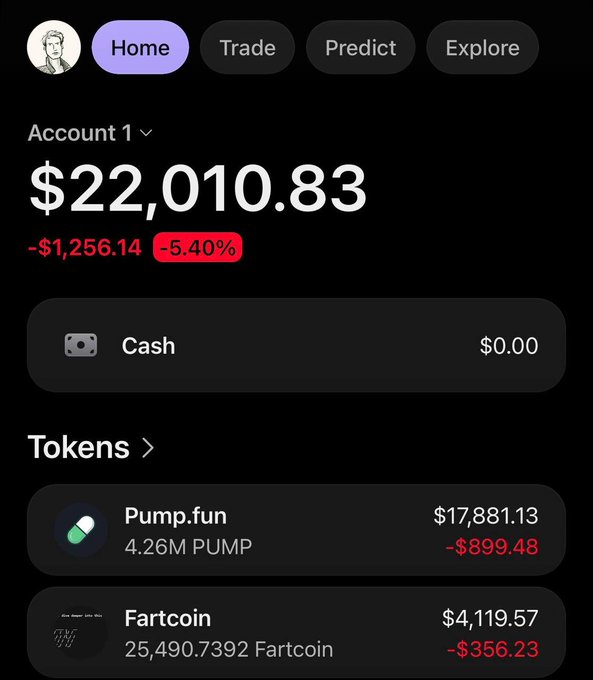 A screenshot of a Phantom wallet showing Account 1 with a balance of $22,010.83, down $1,256.14 (-5.40%), with no cash and token holdings including Pump.fun ($17,881.13, -$899.48) and Fartcoin ($4,119.57, -$356.23).

The image illustrates the user's progress in the $50k Phantom challenge, showing how they've allocated their remaining funds into $PUMP after Fartcoin declined, reflecting both memecoin holdings currently sitting at a loss amid the broader market downtrend.