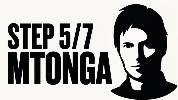 The image displays the bold text "STEP 5/7 MTONGA" alongside a black-and-white stylized silhouette of Pavel Durov, visually representing step 5 in the referenced 7-step conspiracy pattern about Telegram's founder outlined in the caption.