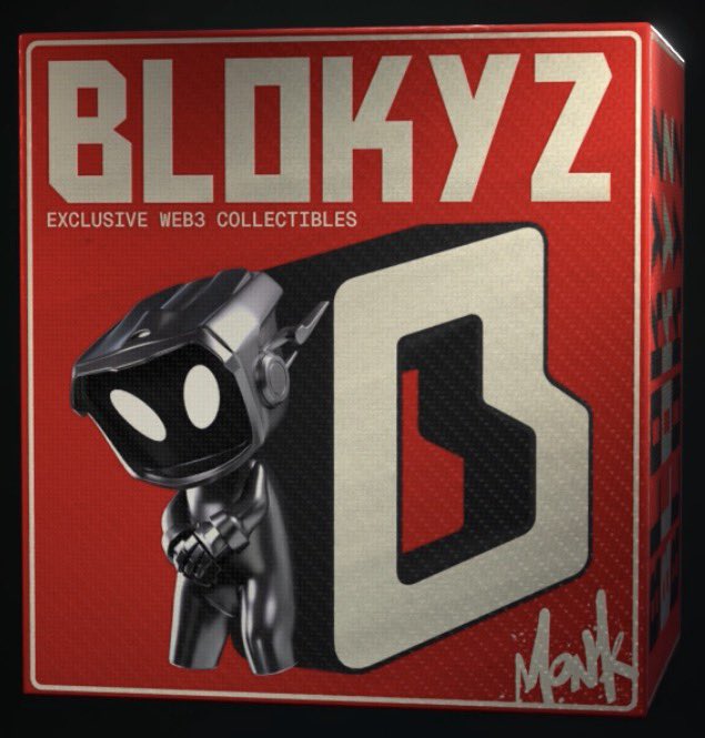 A red box logo for 'BLOKYZ' branded as 'Exclusive Web3 Collectibles' featuring a black robot character with white eyes.