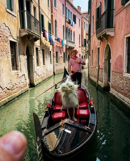 A surreal scene shows a white fluffy creature standing in the front of a gondola while a gondolier in a striped shirt and straw hat rows through a narrow Venetian canal lined with colorful buildings and hanging laundry.