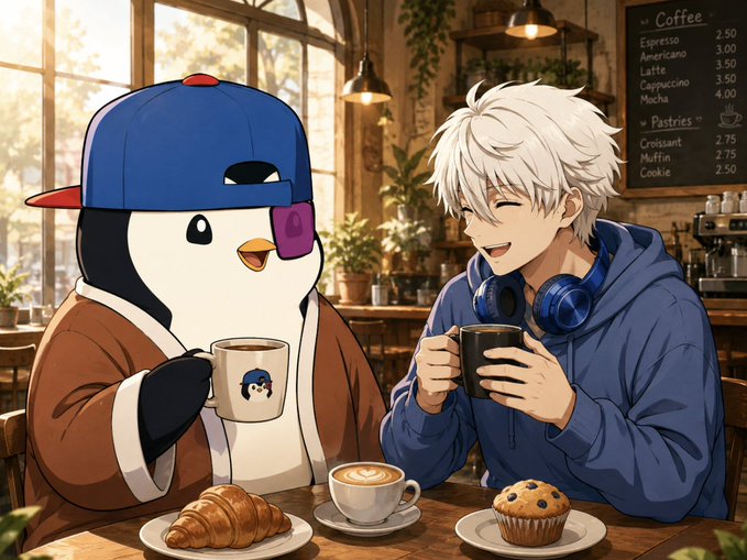 An anime-style illustration of a penguin character wearing a blue cap and brown robe sharing coffee with a smiling white-haired boy in a cozy cafe, with a menu showing coffee and pastry prices.