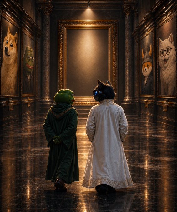 Two figures—one a green frog-like character in a dark robe, the other a black feline in a white gown—stand with their backs to the viewer in a grand, candlelit hall, gazing up at towering portraits of legendary dog-masked icons lining the walls. The empty gilded frame at the center, illuminated by a single spotlight, suggests the space awaits the next great legacy, perfectly echoing the message to honor the past while carving your own path forward.