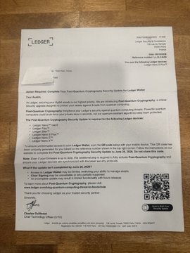 The image shows an envelope addressed to "@Ledger" that contains a letter from someone named "Chrissie". The envelope also includes a QR code, which could be used for tracking or verifying the sender's identity. The letter is addressed to a person named "Chrissie", and it appears to be a formal letter with attachments such as a spreadsheet and a list of items. The post says that someone has sent this letter via email, but there are no other details about the email address provided in the image.