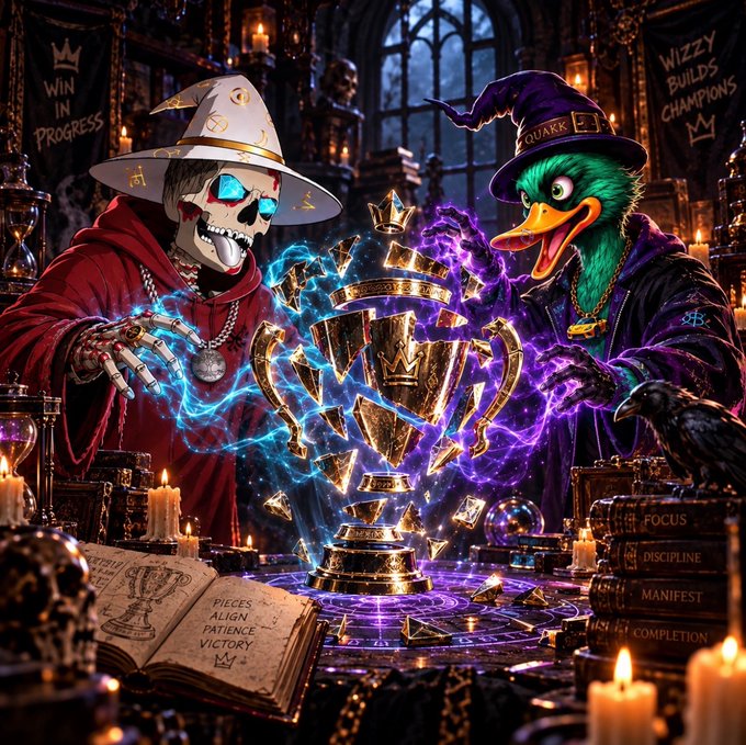 A fantasy illustration of a skeletal figure in a wizard hat and a duck-faced creature both casting blue and purple magic around a shattered golden trophy, with banners reading 'WIN IN PROGRESS' and 'WIZZY BUILDS CHAMPIONS' visible.