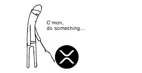 A stick figure leans on a cane poking a black XRP logo ball, saying "C'mon, do something..." — illustrating the post's frustration with XRP's boring, low-volatility price action while waiting for a breakout.
