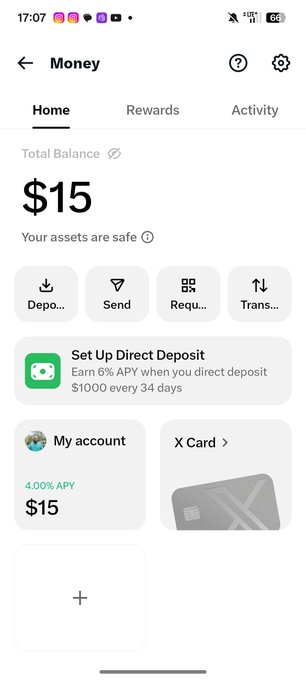 A mobile banking app screen showing a Total Balance of $15, with options to Deposit, Send, Request, and Transfer, plus a 4.00% APY account.