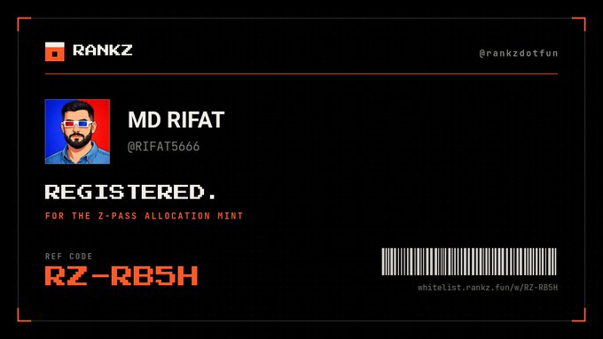 A dark digital registration card for 'RANKZ' showing the name 'MD RIFAT' and handle '@RIFAT5666' as 'REGISTERED. FOR THE Z-PASS ALLOCATION MINT', with a ref code 'RZ-RB5H' and a barcode.