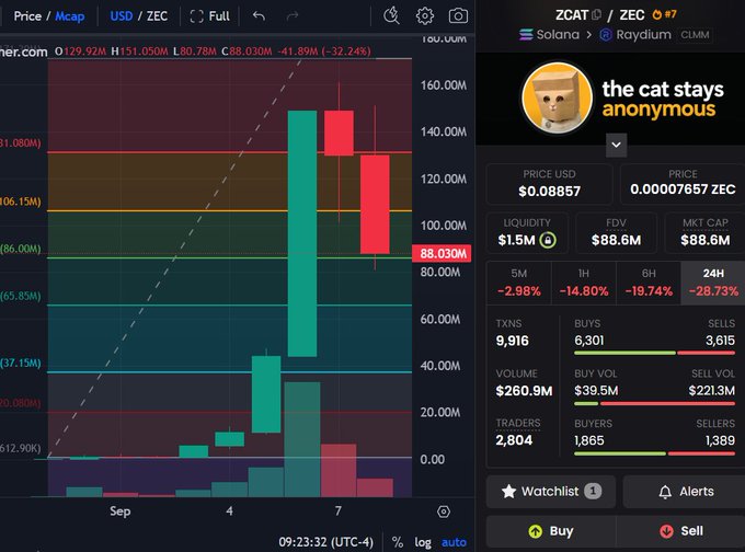 A trading chart showing a token "ZCAT" (the cat stays anonymous) on Solana/Raydium with price $0.08857 and -28.73% 24H decline.