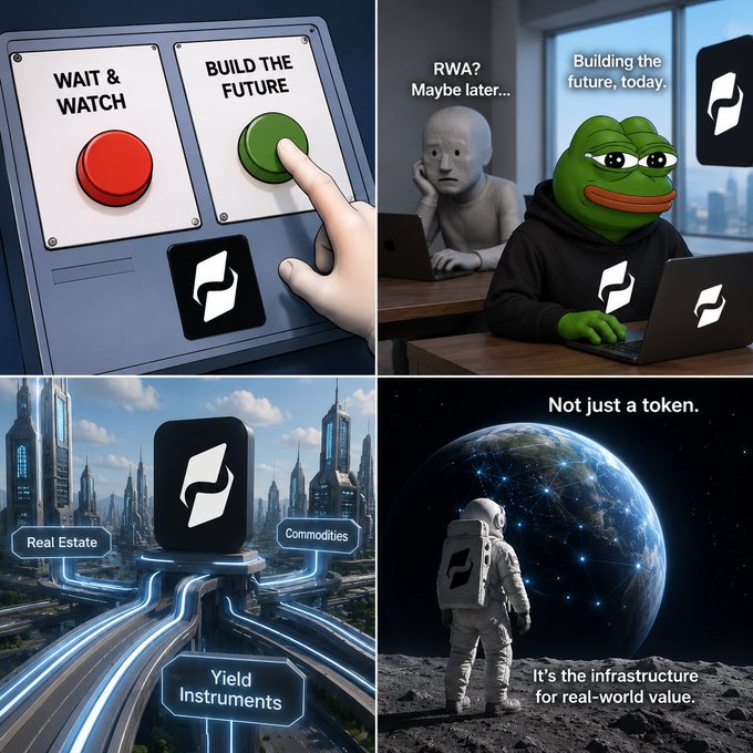 A four-panel collage of crypto promotional memes featuring Pepe the Frog and minimalist figures pushing 'BUILD THE FUTURE' buttons, promoting infrastructure for 'Real World Assets' and 'Real-world value'.
