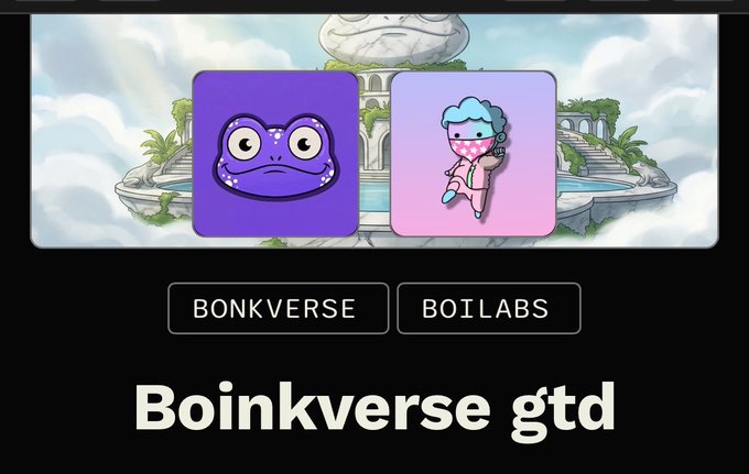 A digital display featuring two app icons labeled "BONKVERSE" and "BOILABS" above large text reading "Boinkverse gtd" with a fantasy castle background.