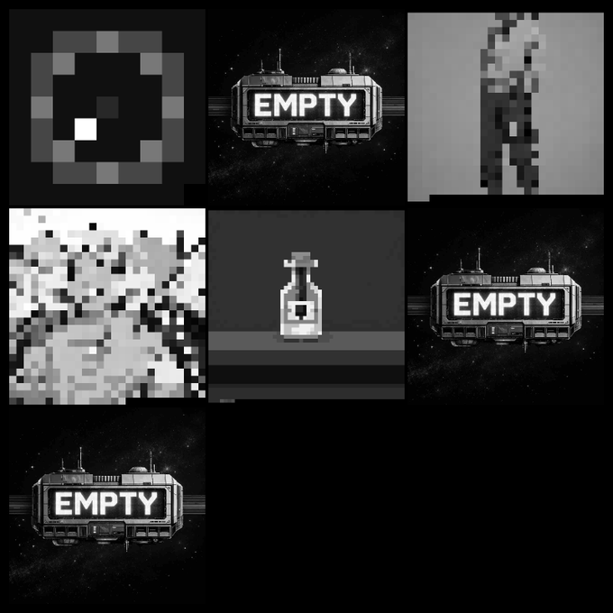 A grid of pixel art sprites in grayscale, including several labeled 'EMPTY' panels, a skull-like face, and character figures on a black background.