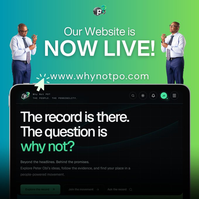 A promotional graphic announces the launch of www.whynotpo.com, featuring a man in business attire clapping on both sides of a green-gradient background, alongside a website preview displaying the tagline "The record is there. The question is why not?" and buttons to "Explore the record," "Join the movement," and "Ask the record." The image directly supports the post's message, celebrating the website going live and encouraging viewers to share it with their networks to build momentum for the people-powered movement.