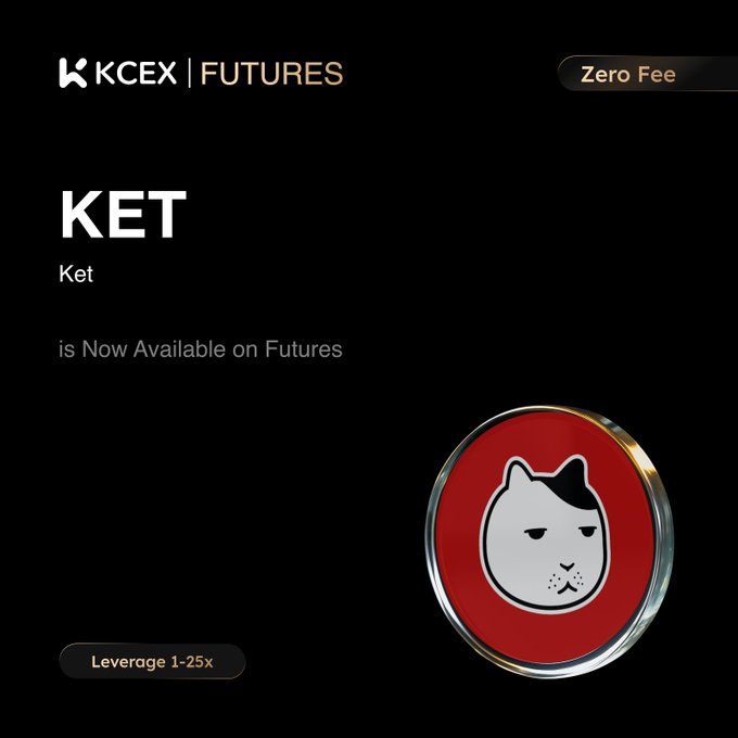 A promotional graphic for KCEX Futures announcing that 'KET is Now Available on Futures' with 'Zero Fee' and 'Leverage 1-25x', featuring a cat logo on a red circular badge.