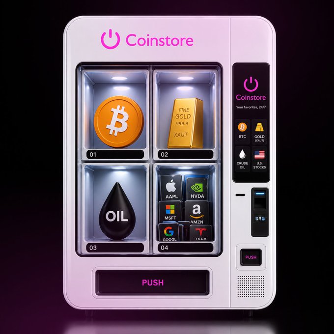 A pink Coinstore vending machine displays four illuminated compartments: Bitcoin (BTC), a fine gold bar (999.9 XAUT), crude oil, and a panel of stock tickers including AAPL, NVDA, MSFT, AMZN, GOOGL, and TSLA. The side panel mirrors these asset options with "PUSH" and "PUSH" buttons, visually embodying the campaign's "pick your market" message across crypto, commodities, and TradFi.