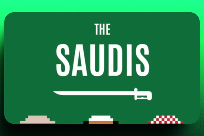 A graphic with a green background titled "THE SAUDIS" featuring a sword icon and what appears to be heads/figures at the bottom, possibly related to a documentary or media production.