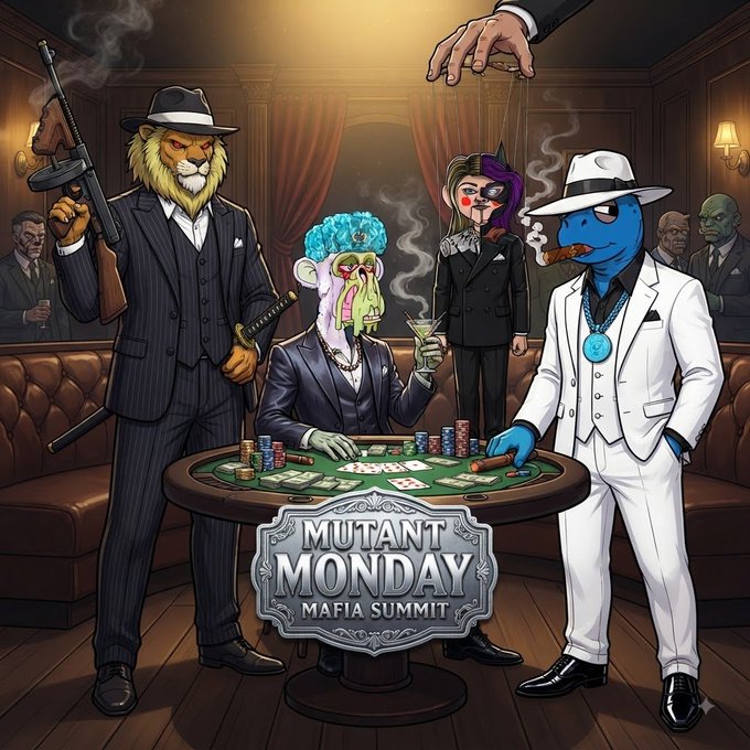 Stylized cartoon illustration titled 'MUTANT MONDAY MAFIA SUMMIT' depicting various anthropomorphic characters in suits—including a lion, a blue creature, and others—gathered around a poker table with chips and cards.