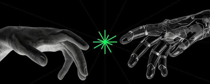 A black and white image of a human hand reaching toward a skeletal/robotic hand, with a green cursor symbol radiating in the center between them.