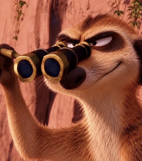 A close-up of a 3D-animated meerkat character with a mischievous expression, peering through a pair of brass binoculars.