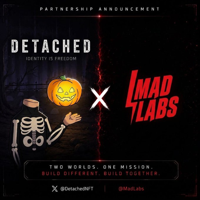 A partnership announcement graphic between 'DETACHED' (tagline 'IDENTITY IS FREEDOM') and 'MAD LABS', featuring a skeleton character and jack-o'-lantern with the text 'TWO WORLDS. ONE MISSION. BUILD DIFFERENT. BUILD TOGETHER.'