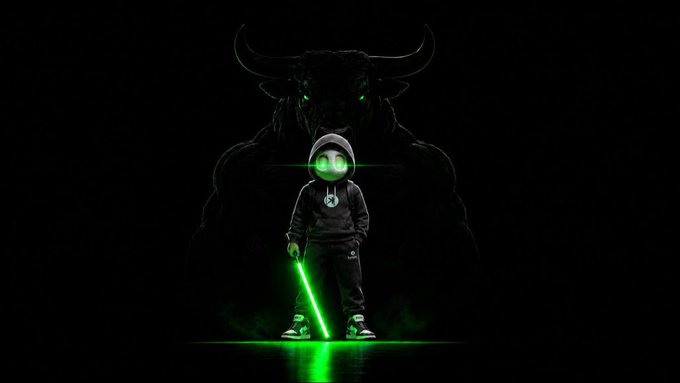 A hooded figure with glowing green eyes and a green lightsaber stands before a looming shadowy bull silhouette, symbolizing a small but powerful force standing defiant against bearish pressure in support of the $ANSEM ticker and @blknoiz06.