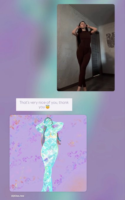 The image shows a text message conversation where someone compliments the recipient, paired with photos of a woman posing in a brown bodysuit (the inspiration) and a corresponding digital artwork of a glowing, teal-colored figure titled by the artist handle @jt3ss.tez. This visually represents the post's announcement about purchasing the NFT artwork "A Muse's Glow" on Objkt, created by @JTess84 using the buyer as their muse.