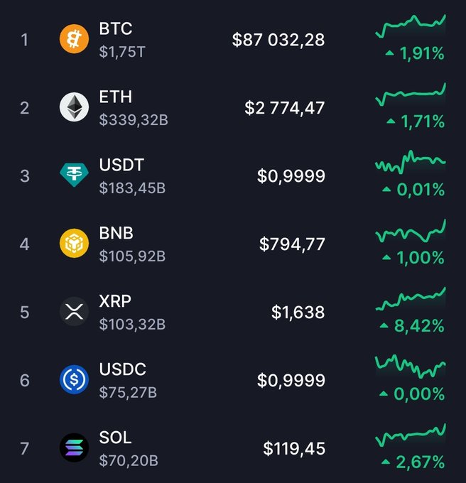 A dark-themed cryptocurrency market ranking displays the top 7 coins by market cap, showing BTC at $87,032.28 (+1.91%), ETH at $2,774.47 (+1.71%), USDT at $0.9999, BNB at $794.77, XRP at $1.638 (+8.42%), USDC at $0.9999, and SOL at $119.45 (+2.67%), with XRP notably leading the gainers. The image supports the post's cautionary message about avoiding futures/leverage trading in favor of spot holding ("spot and chill"), as all listed assets are showing positive gains.