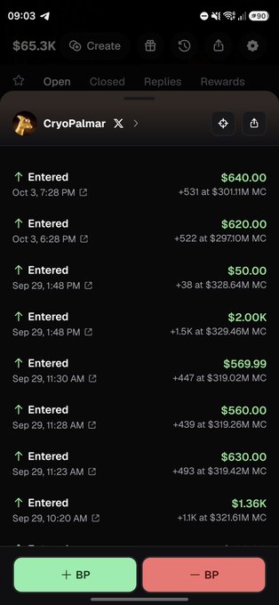 Screenshot of a portfolio tracker showing repeated "Entered" transactions for the user "CryoPalmar" between September 29 and October 3, with BTC purchases ranging from $50 to $2.00K at market caps between $297.10M and $329.46M, alongside +BP and -BP buttons reinforcing the user's commitment to dollar-cost averaging into BP.
