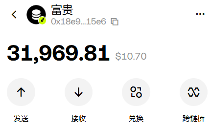 A crypto wallet interface showing a balance of 31,969.81 ($10.70) for an account named "富貴" (Wealth).