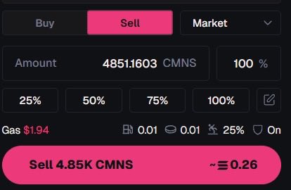A screenshot of a crypto trading interface showing a "Sell" order for 4.85K CMNS (Commons Made token) at an estimated 0.26, with the accompanying caption sarcastically attributing the airdrop from @commonsmade as the reason for the user's "retirement" from the platform.