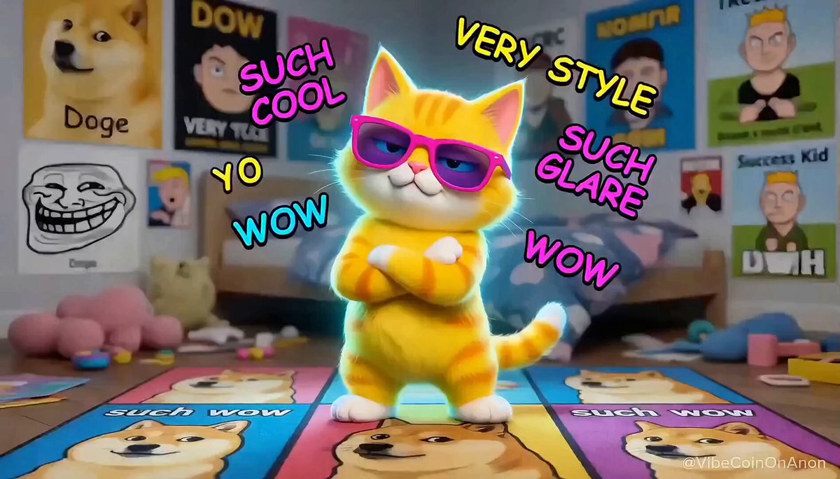 The image features a cartoon cat wearing sunglasses, standing on a rug with its arms crossed. The cat has a "WOW" caption below it that reads "Such vibes Very cool Much Vibe". This suggests that the cat's style is vibrant and energetic, which aligns well with the post's theme of "such vibes very cool much vibe".