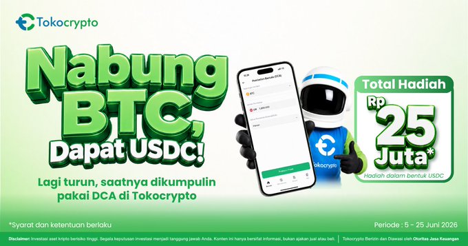 The image features a poster for Bitcoin, with a cell phone and a robot character holding a Bitcoin wallet. The poster also includes text that says "Nabung BTC dapatkan total hadiah Rp 25JUTA! Cukup beli BTC dengan fitur DCA di Tokocrypto". This suggests that the poster is promoting Bitcoin, possibly as part of an advertisement or educational campaign.