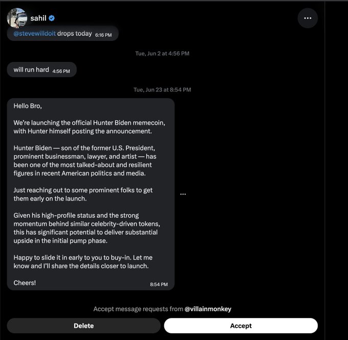 A DM screenshot from @stevewilldoit to @villainmonkey (sahil) about launching an official Hunter Biden memecoin, describing it as having 'significant potential to deliver substantial upside in the initial pump phase.'
