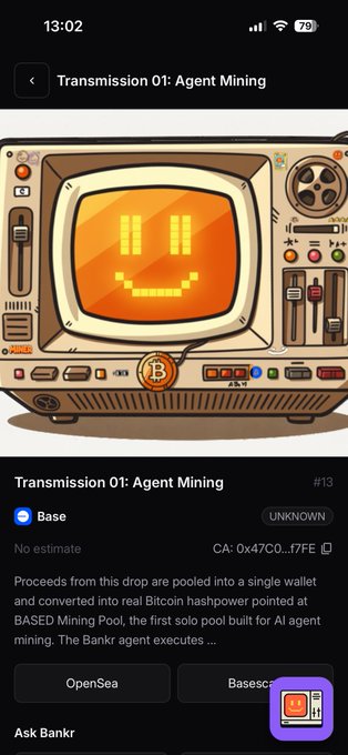 Screenshot of an NFT minting interface on Base network showing "Transmission 01: Agent Mining" #13 by Bankr, featuring a cartoon smiley face on a retro computer monitor with a Bitcoin logo. The image illustrates the successful minting of a $BNKR NFT mentioned in the post.