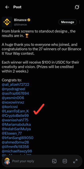 A Binance post announces the results of the "Binance It Your Way" contest, listing 27 winners who will each receive $100 in USDC, with one of the winners (@LearnToEarn_K) highlighted by a red checkmark—likely indicating the user's own handle in celebration of their win.