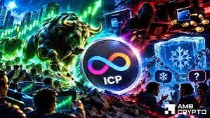 An AMB Crypto promotional image featuring the ICP (Internet Computer) logo centered against a vibrant, futuristic cityscape background with green and blue neon lighting.
