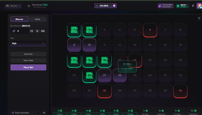 The image shows a Terminal roulette betting interface on solpump.io with a bet of 11 ($625.07) placed on High risk, hitting numbers 2, 3, 17, 18, 19, and 26 for a 12.86x multiplier payout of $8,050, illustrating the massive win being celebrated in the post.