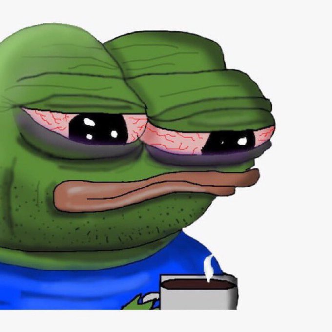 A tired, bloodshot-eyed Pepe the Frog clutches a coffee mug, humorously capturing the drained, defeated mood of someone whose grand plans were shut down by Nikita.