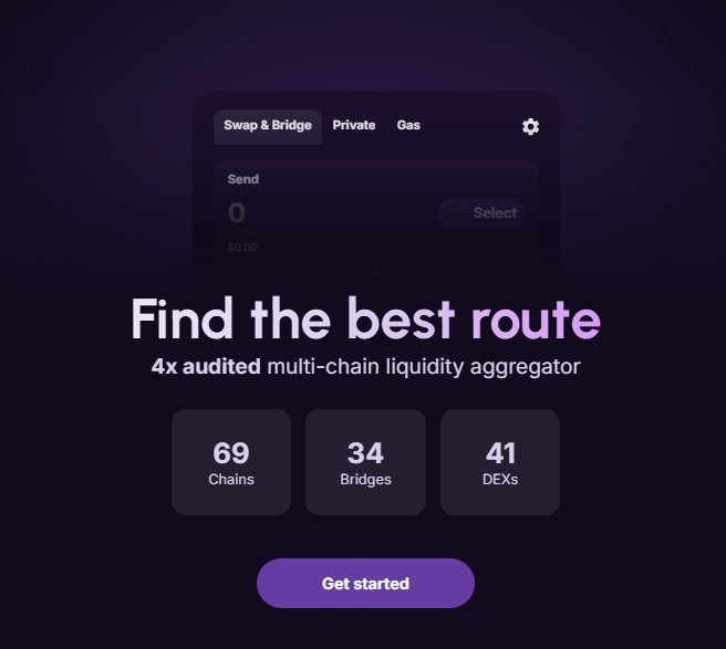 A dark purple marketing graphic for a crypto platform titled "Find the best route," described as a "4x audited multi-chain liquidity aggregator." It displays statistics of "69 Chains," "34 Bridges," and "41 DEXs" above a "Get started" button, with a "Swap & Bridge" interface shown in the background.