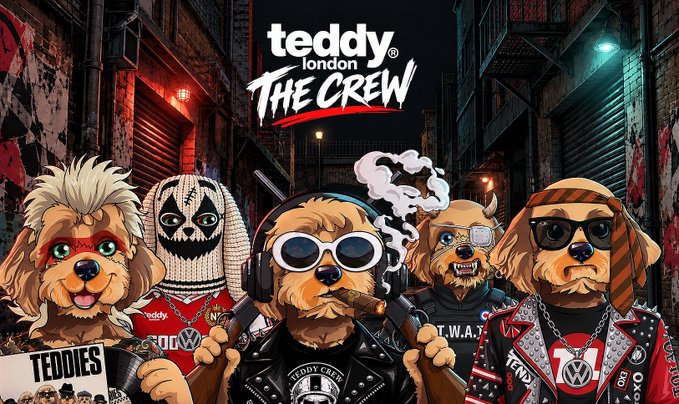 Promotional artwork for 'teddy london THE CREW' shows five cartoon dogs styled in various punk and rocker outfits with accessories like goggles and bandanas.