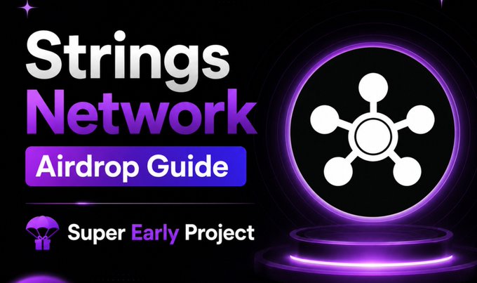 A promotional graphic featuring a glowing purple crystal shard and a silhouetted figure in a hoodie, with bold text reading "STRINGS NETWORK AIRDROP" alongside details about a free crypto token distribution ending on June 19th, perfectly aligning with the post's announcement of the Strings Network mobile-mining airdrop opportunity.