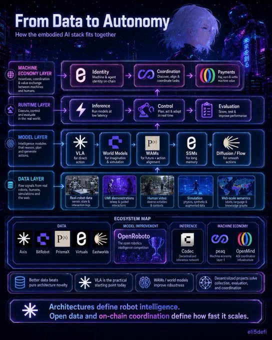 An infographic titled 'From Data to Autonomy' showing the layers of an embodied AI stack, including Machine Economy, Runtime, Model, and Data layers, with projects like OpenRoboto, peaq, and Codex.