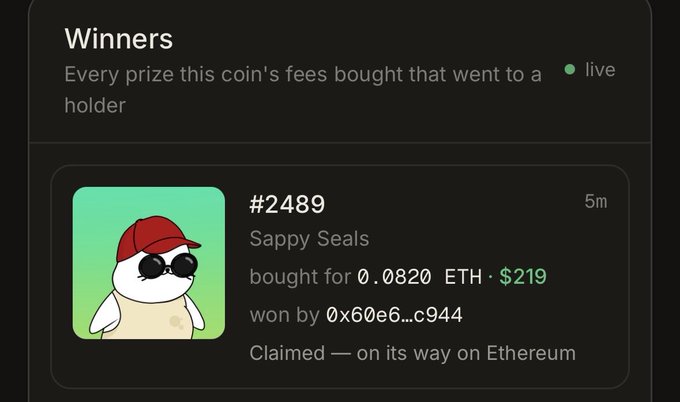 A dark-themed 'Winners' dashboard showing a prize for item #2489 'Sappy Seals' bought for 0.0820 ETH ($219), won by wallet 0x60e6...c944 and claimed on Ethereum.
