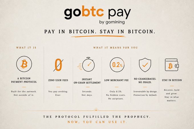 A promotional graphic for "gobtc pay by gominint" with the tagline "PAY IN BITCOIN. STAY IN BITCOIN." highlighting six features: a Bitcoin payment protocol, zero user fees, instant on-chain settlement, low 0.2% merchant fee, no chargebacks/fraud, and the ability to stay in Bitcoin. The image directly illustrates the post's point by presenting a solution that lets users spend Bitcoin without selling it, eliminating exchange fees and settlement delays so they never have to "watch the coins leave your wallet for good."