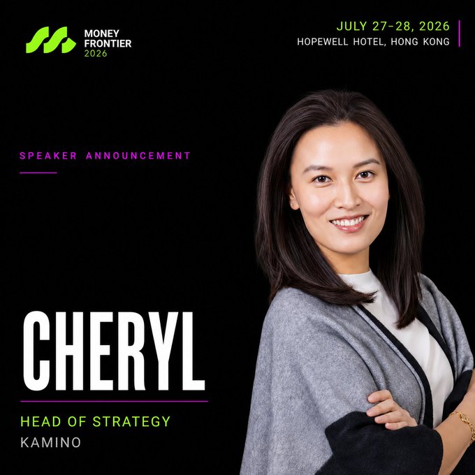 Speaker announcement for Money Frontier 2026 (July 27-28, 2026 at Hopewell Hotel, Hong Kong) featuring Cheryl, Head of Strategy at Kamino.