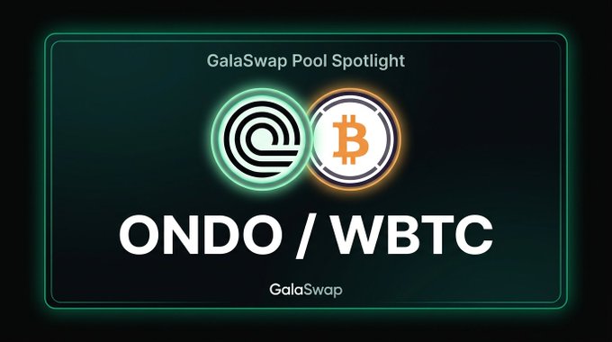 The image is a "GalaSwap Pool Spotlight" promotional graphic featuring the ONDO/WBTC trading pair, displayed with stylized green and orange token icons that correspond to the ONDO and Wrapped Bitcoin assets referenced in the accompanying post about the GalaSwap liquidity pool.