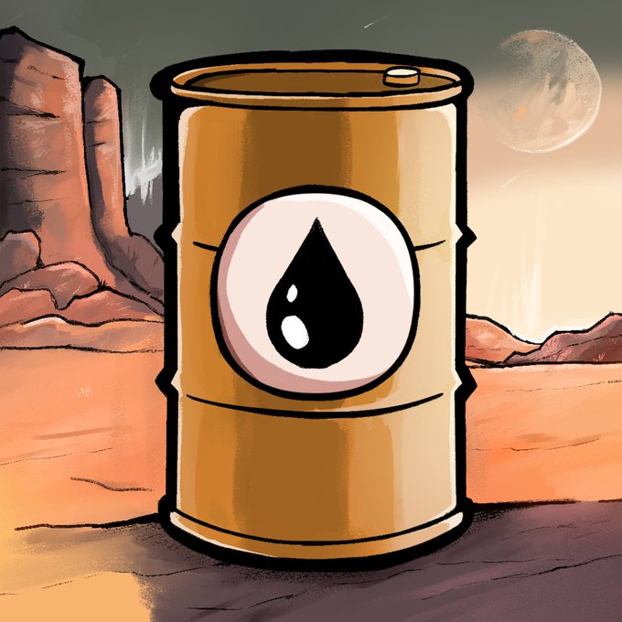 A golden oil barrel featuring a black droplet symbol stands against a desert landscape with a large moon, visually representing the upcoming "Saudi Oil" NFT mint on OpenSea referenced in the post.