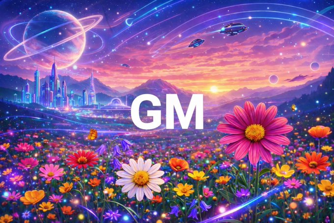 A vibrant fantasy landscape artwork features colorful flowers, a futuristic city, spaceships, and a ringed planet against a sunset sky, with large white 'GM' text in the center.