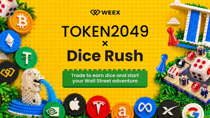 A promotional graphic for WEEX's 'TOKEN2049 x Dice Rush' campaign with text reading 'Trade to earn dice and start your Wall Street adventure', surrounded by cryptocurrency logos and LEGO-style figures.